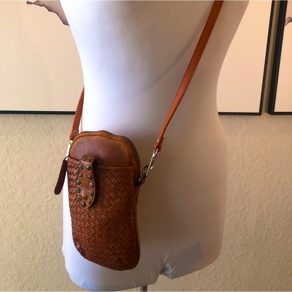 Vilenca Holland Leather Woven Crossbody Bag Tan Smart Phone Carry Case Italy